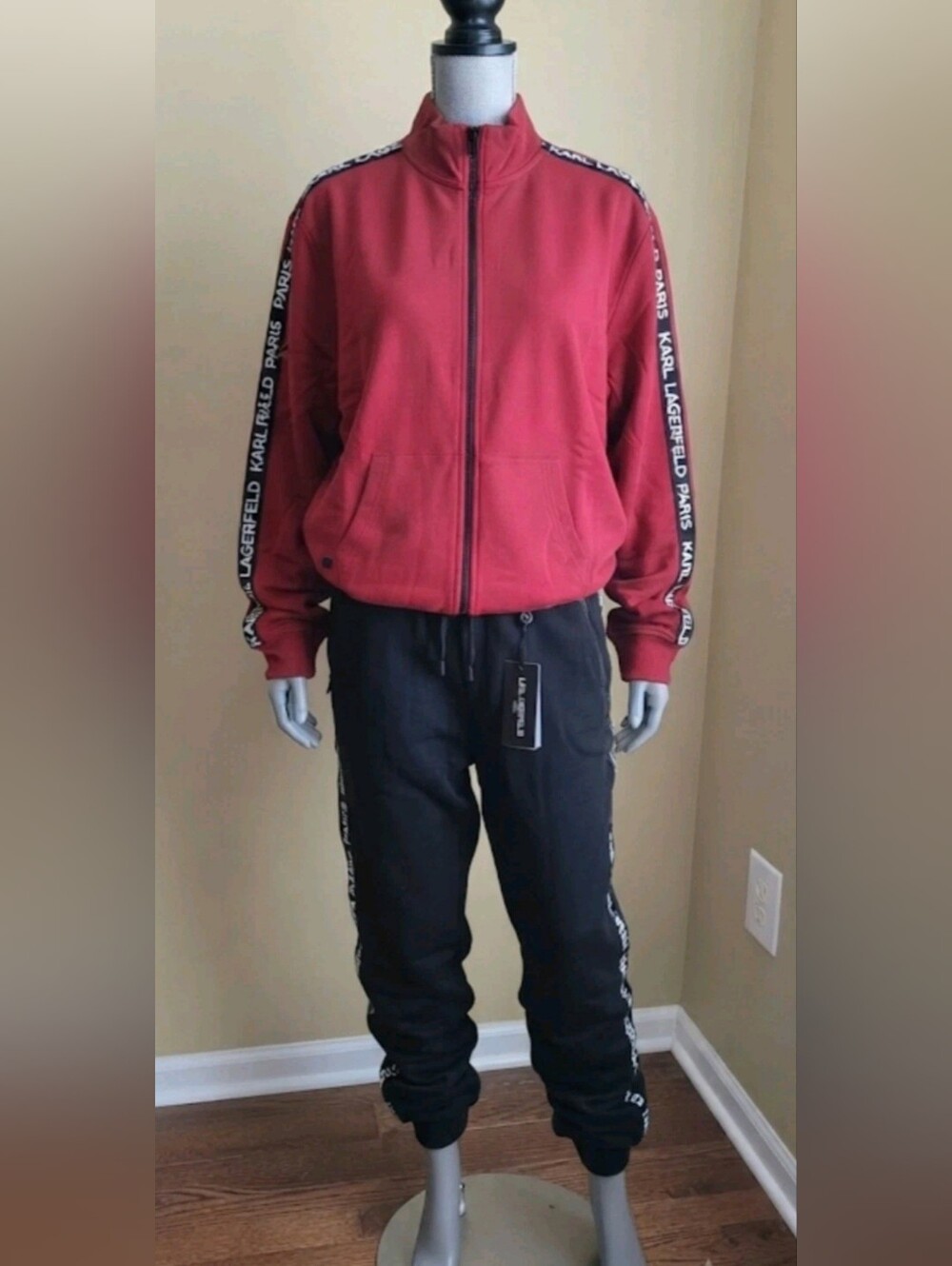 KARL LAGERFELD Paris XL/L Tracksuit Set Red Jacket XL & Black Pants L NWT / Mint